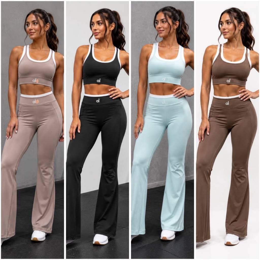 Conjunto Academia Feminino Poliamida Lisa Calça Boca De Sino E Cropped Efeito Duplo