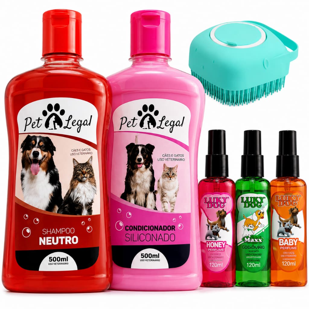 Kit Shampoo 5x1+condicionador+perfume+escova Banho Cães Gato