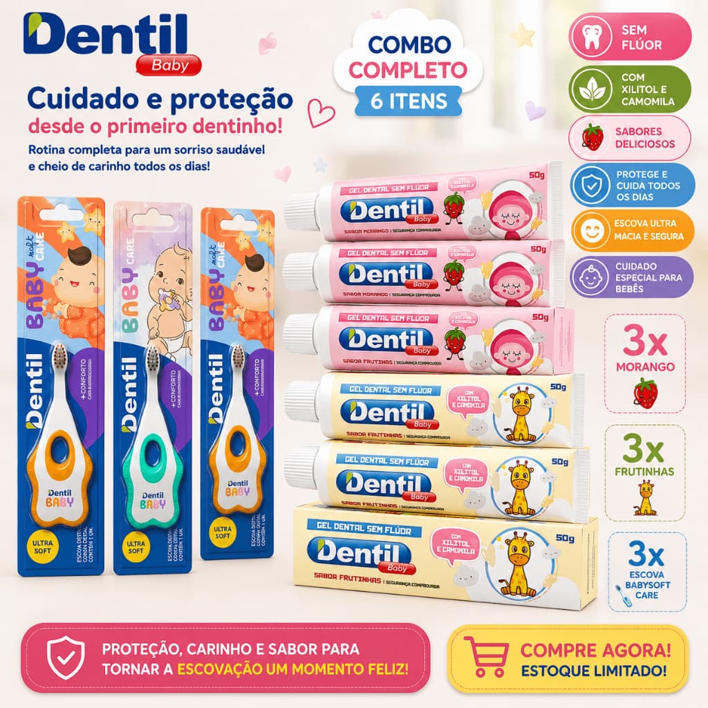 Creme Dental Bebê Sem Flúor Dentil Baby 50g + Escova Dental Infantil