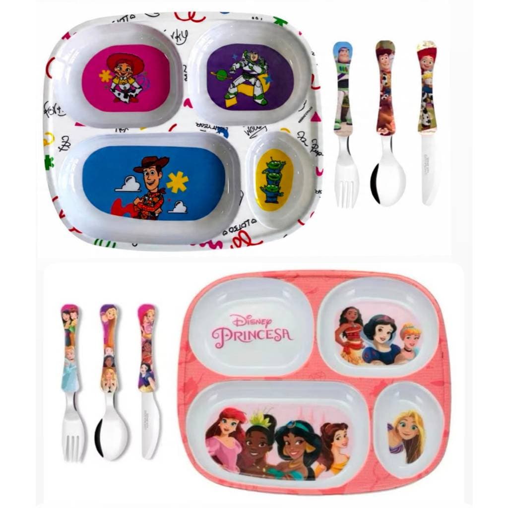 Kit Alimentação Infantil Prato Com Divisórias e Jogo de Talheres - Toy Story, Princesas, Carros e Homem Aranha