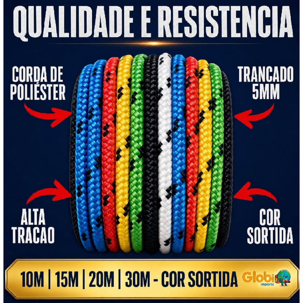 Corda Poliéster 5mm (Grossa) P/ Carga Caminhão Carreta Barco Varal Barraca Rede Camping 10 15 20 30M