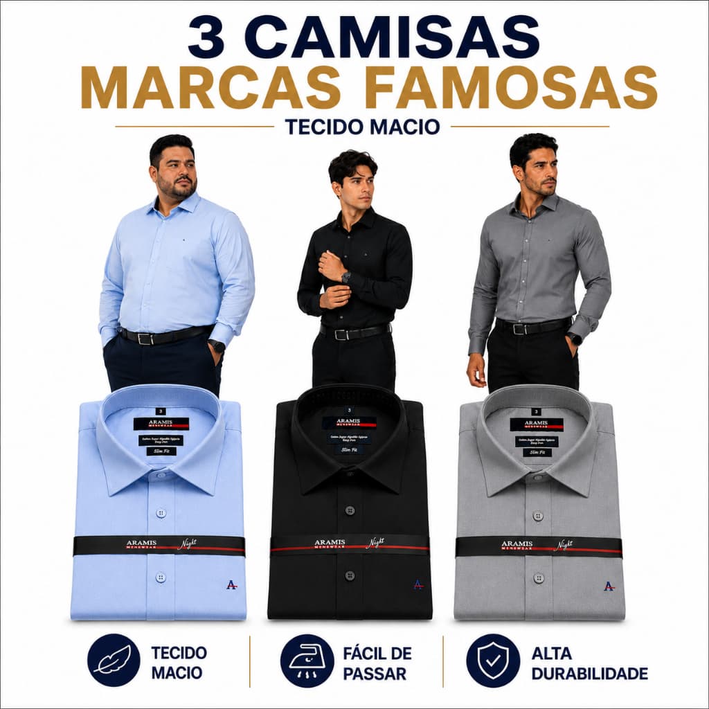 OUTLET ARAM1S - KIT 03 CAMISAS - MARCAS FAMOSAS - Sociais Manga Longa