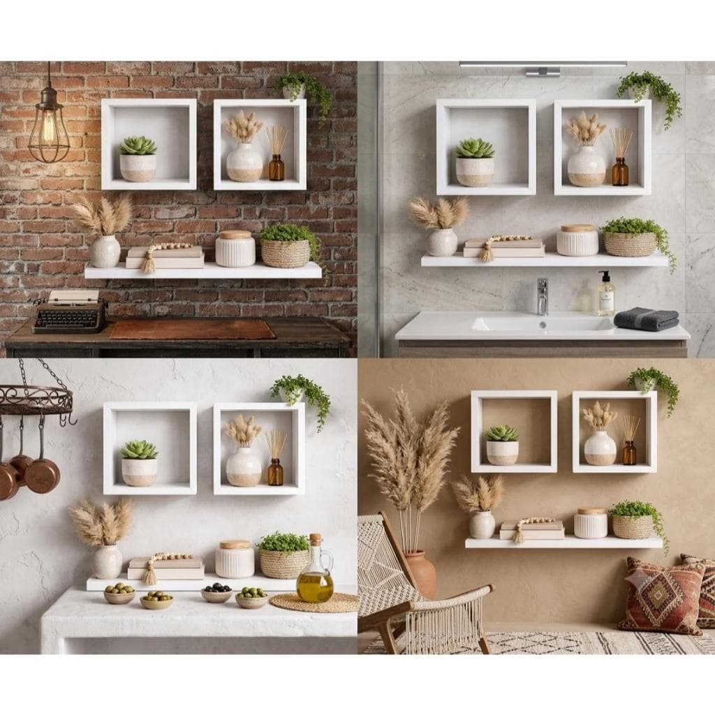Kit 2 Nichos Quadrados 30x30 + Prateleira 80cm MDF Decorativo Suspenso