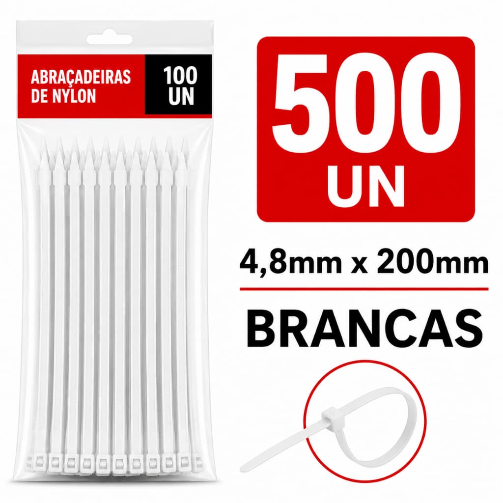 500 Abraçadeiras Nylon 4,8mm X 200mm Brancas Enforca Gato Reforçadas