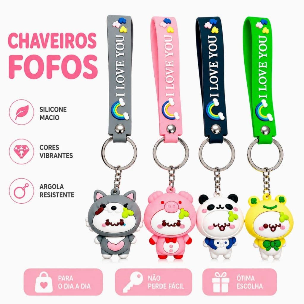 Kit Chaveiro Emborrachado Boneca Bichinho Fofo com Alça Colorida para Chaves Bolsa Mochila Presente