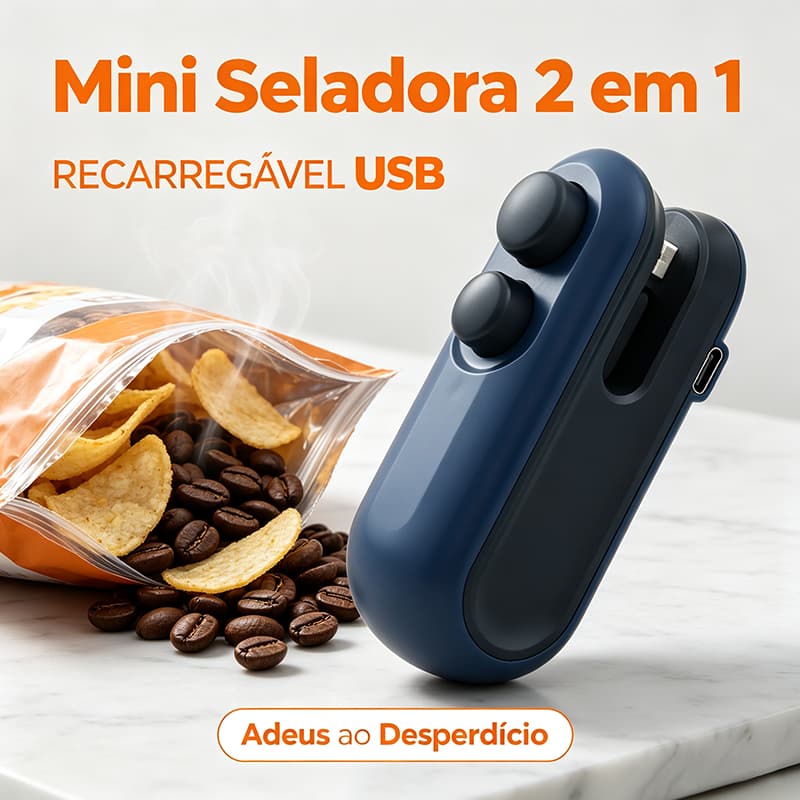 Mini Seladora Portátil 2 em 1 Recarregável USB com Cortador Integrado para Fechar Sacos e Embalagens Plásticas Rápida