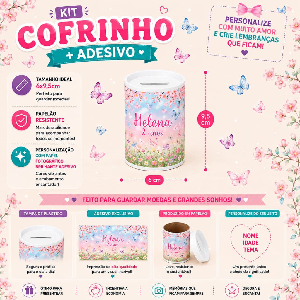 Cofrinho Personalizado Jardim Borboleta Kits 9/12/15/24/30
