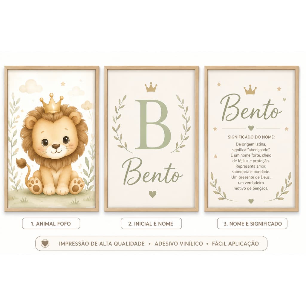 kit c/ 3 Quadros Infantil Personalizado com Nome | Decoração Quarto de Bebê | Nome e Significado | Adesivo Vinílico