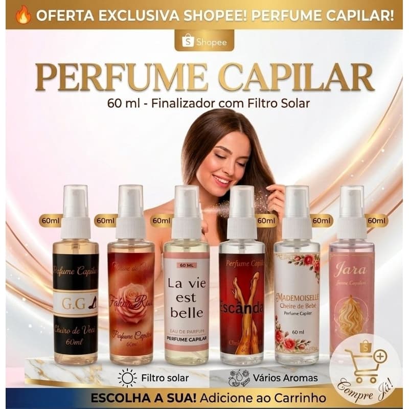 Perfume Capilar Feminino 60ml Cabelo Perfumado Anti Frizz Proteção UV Brilho Intenso Body Splash
