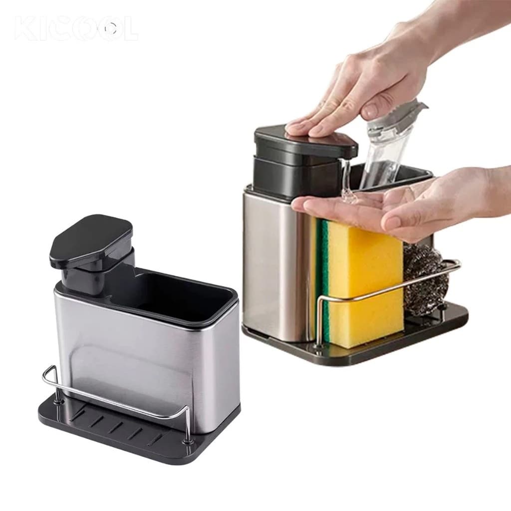 Dispensador de sabão detergente com Suporte de Esponja e Bucha em Aço Inoxidável 3 em 1 para Pia de Cozinha