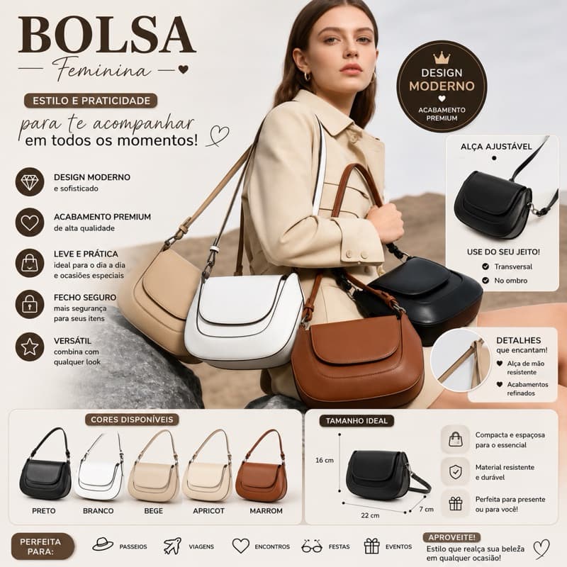 Bolsa Feminina Transversal e de Ombro com Alça Ajustável – Bolsa Casual Compacta e Elegante 2419