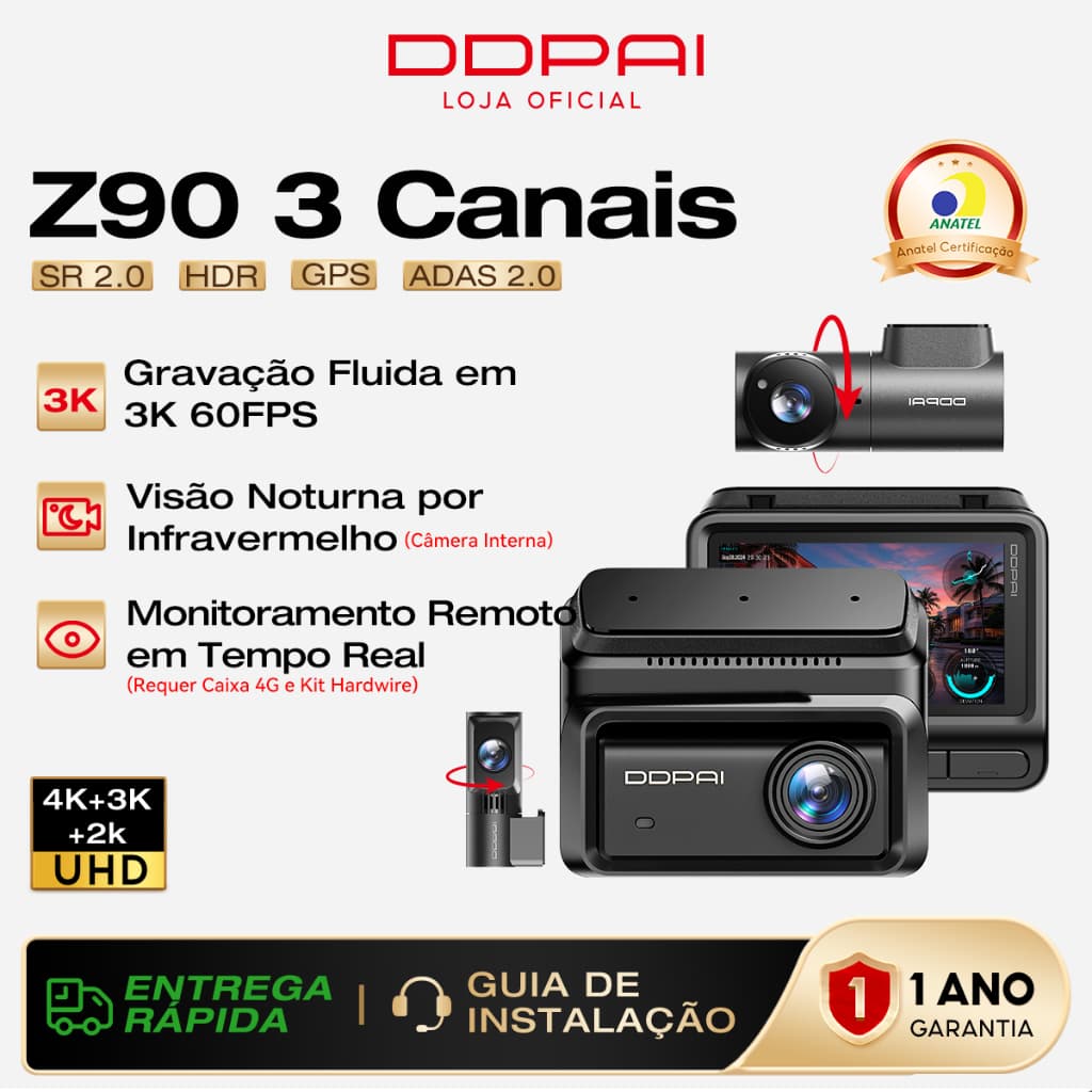 DDPAI Z90 3 Canais Câmera Veicular 4K + 3K + 2K Visão Noturna IR com 3" Tela Suporte a Monitoramento Remoto