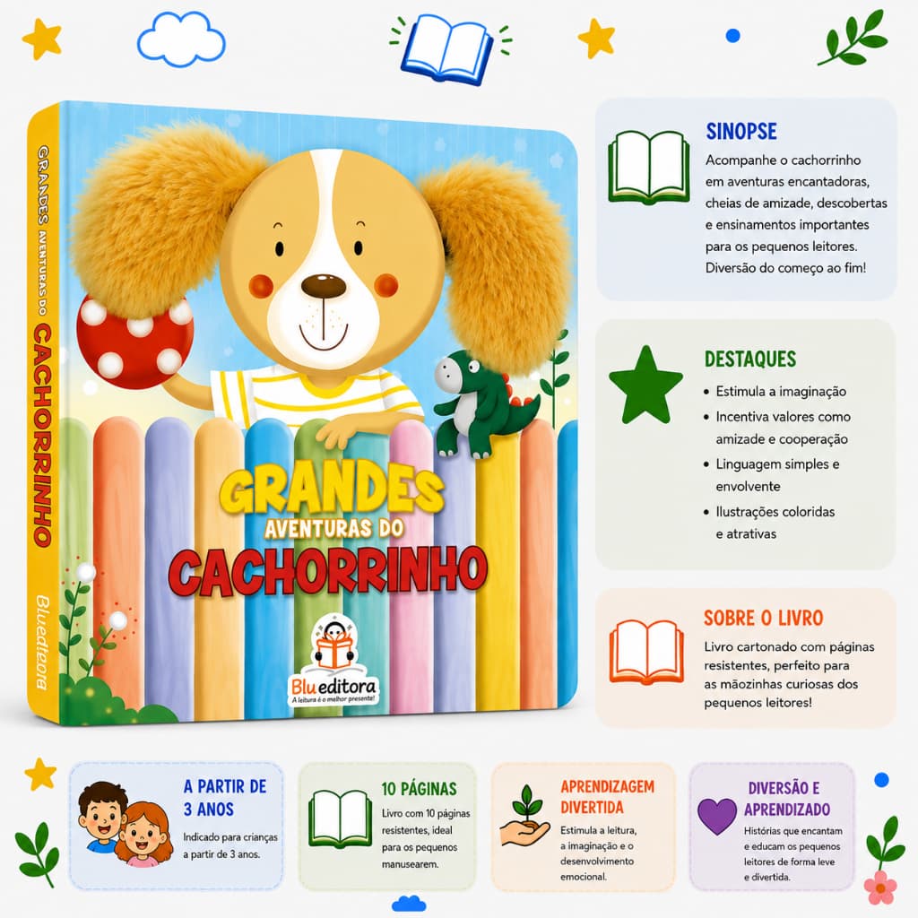 Livro Infantil Grandes Aventuras Cachorrinho Orelhas Fofinhas + 3 anos