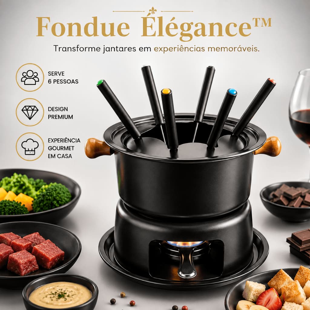 Aparelho de Fondue 11 Peças Preto para 6 Pessoas | Kit Completo para Queijo, Chocolate e Carnes com Garfos Individuais