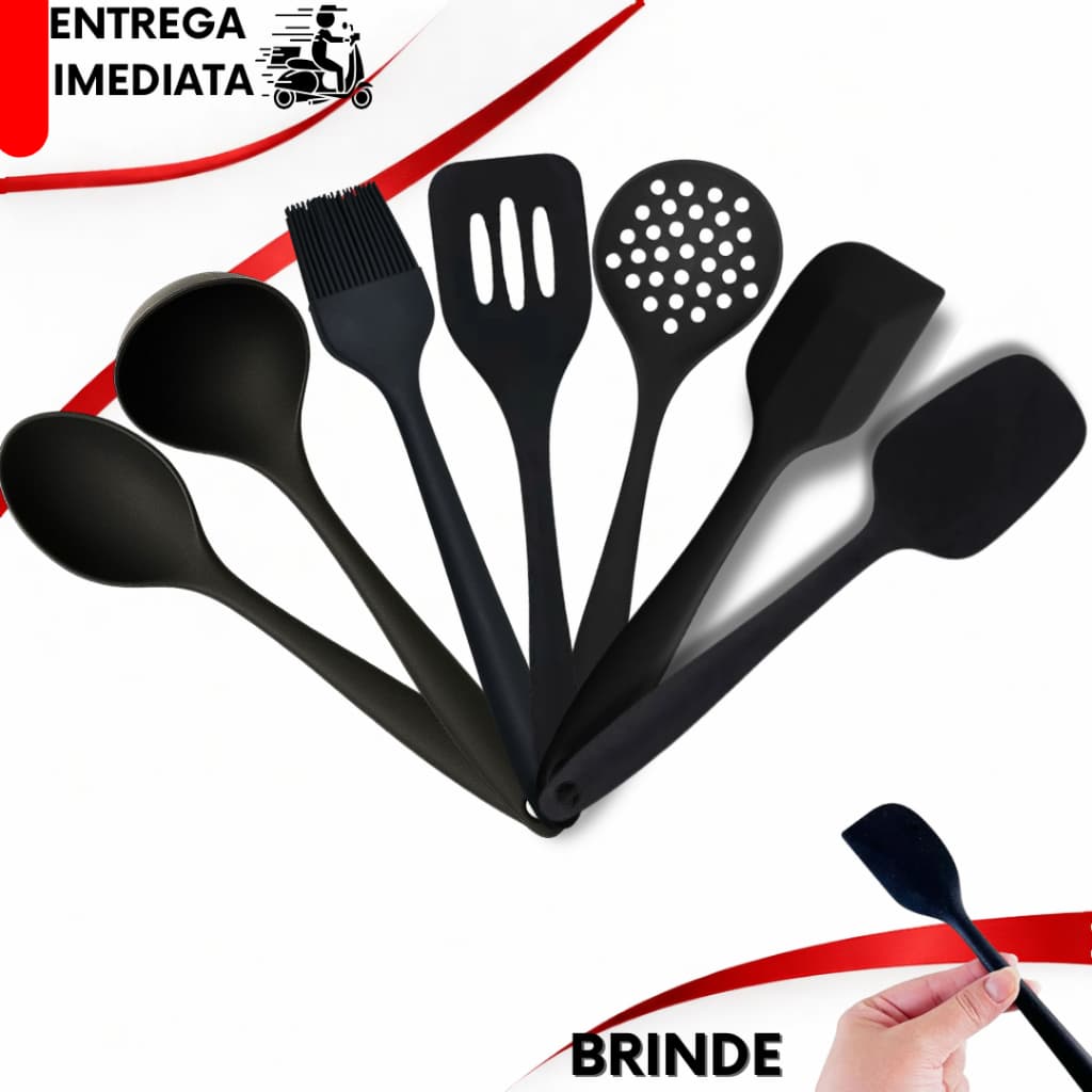Kit Silicone Concha Colher Escumadeira Pincel Silicone Espátula 7 Utensílios Silicone + Brinde