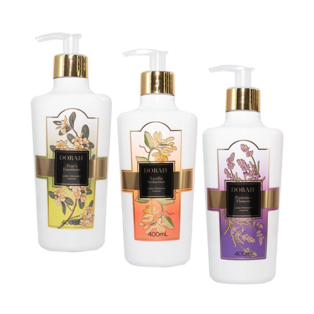 Kit 3 Loções Hidratantes Dorah Luxo 400ml Veganas Corporal Pera + Baunilha + Lavanda