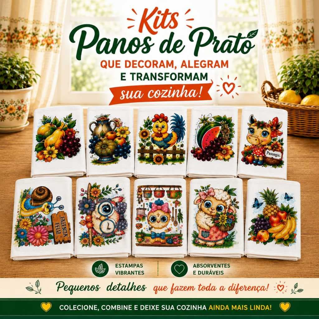 Kit Panos De Prato Branco estampado e absorvente que secam. Desenho bonitinhos, alegres, variados. 100% Algodão ORIGINAL