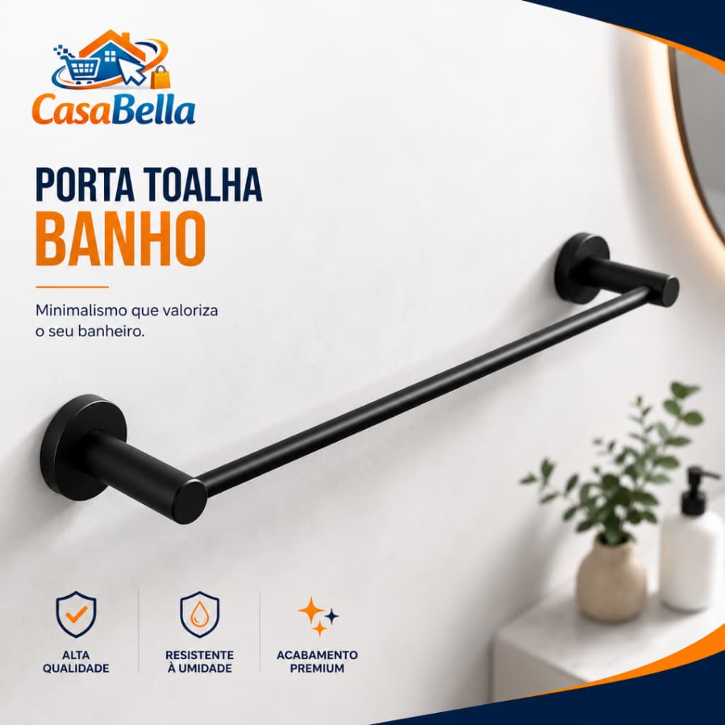 Porta Toalhas de Banho Varão Preto Fosco Reto de Alumínio Metal Resistente