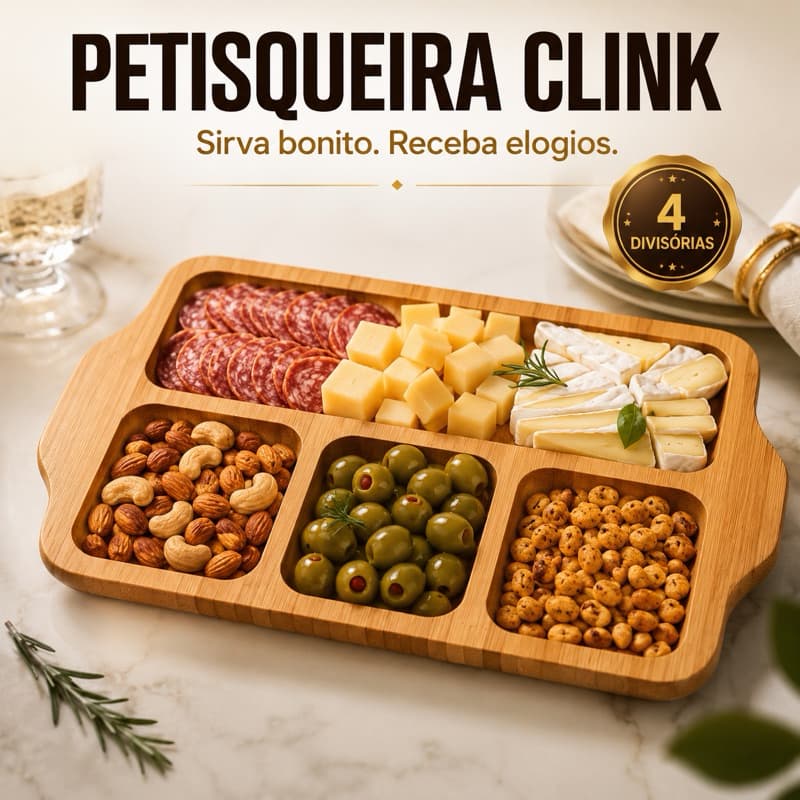 Petisqueira de Bambu Clink 4 Divisórias 27,5x17,5cm para Queijos Frios Petiscos Aperitivos Mesa Posta