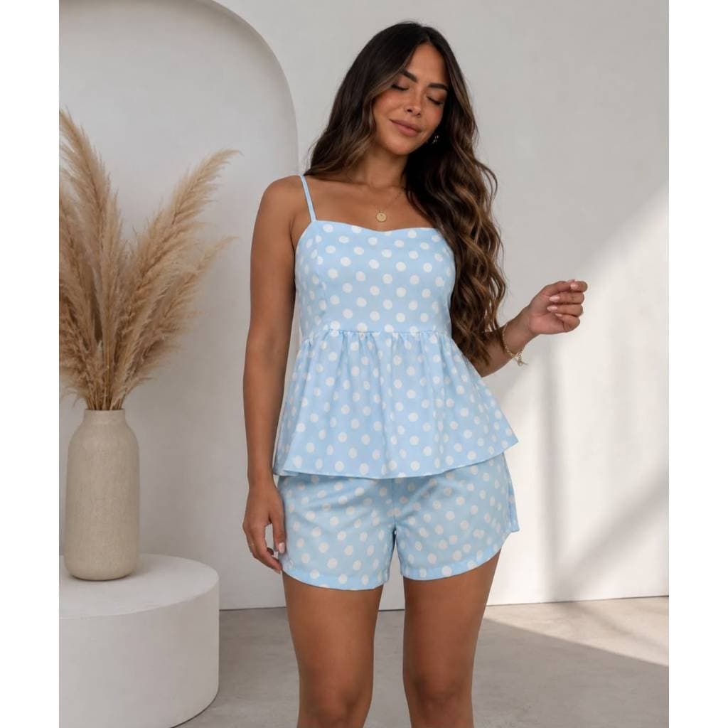 Conjunto Femenino Nanda Poá, alça regulável, moda verão, casual chic.