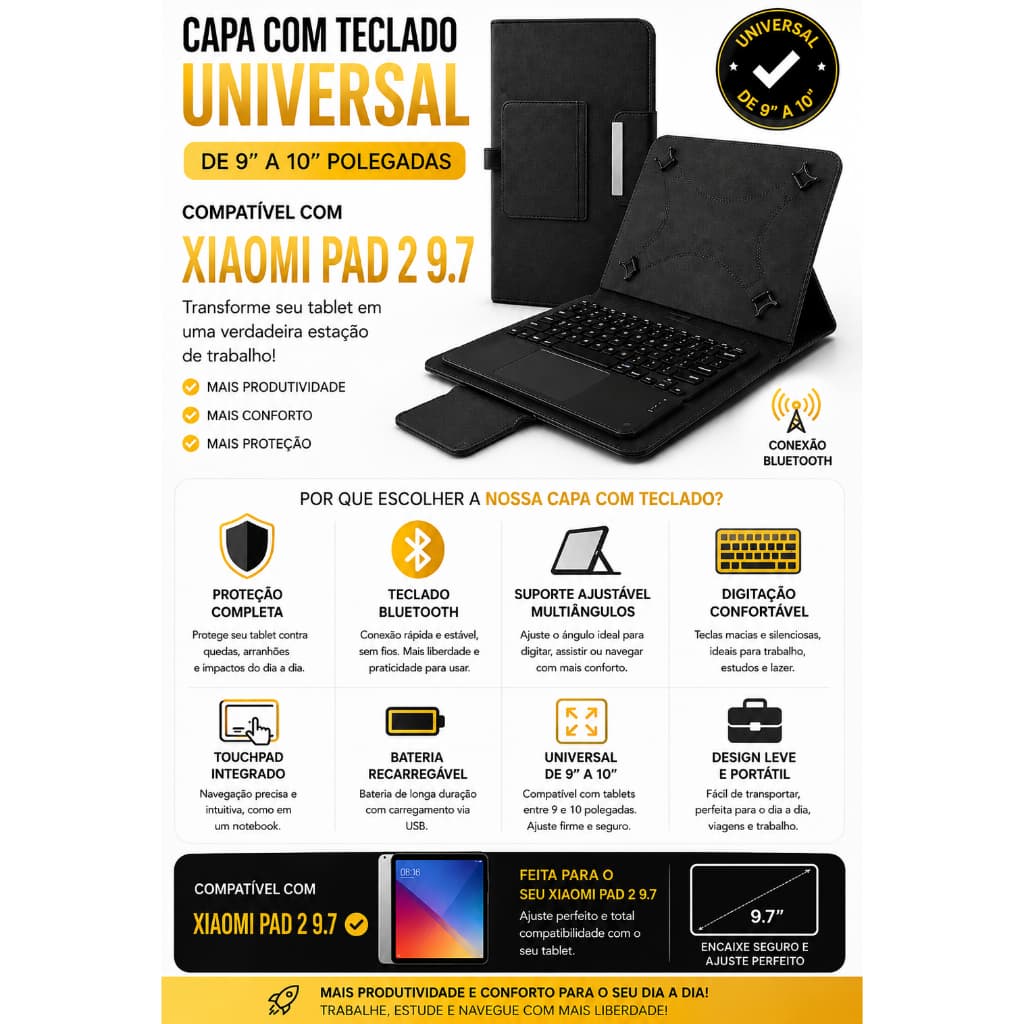Capa com Teclado via Bluetooth para o tablet Xiaomi pad 2 9.7
