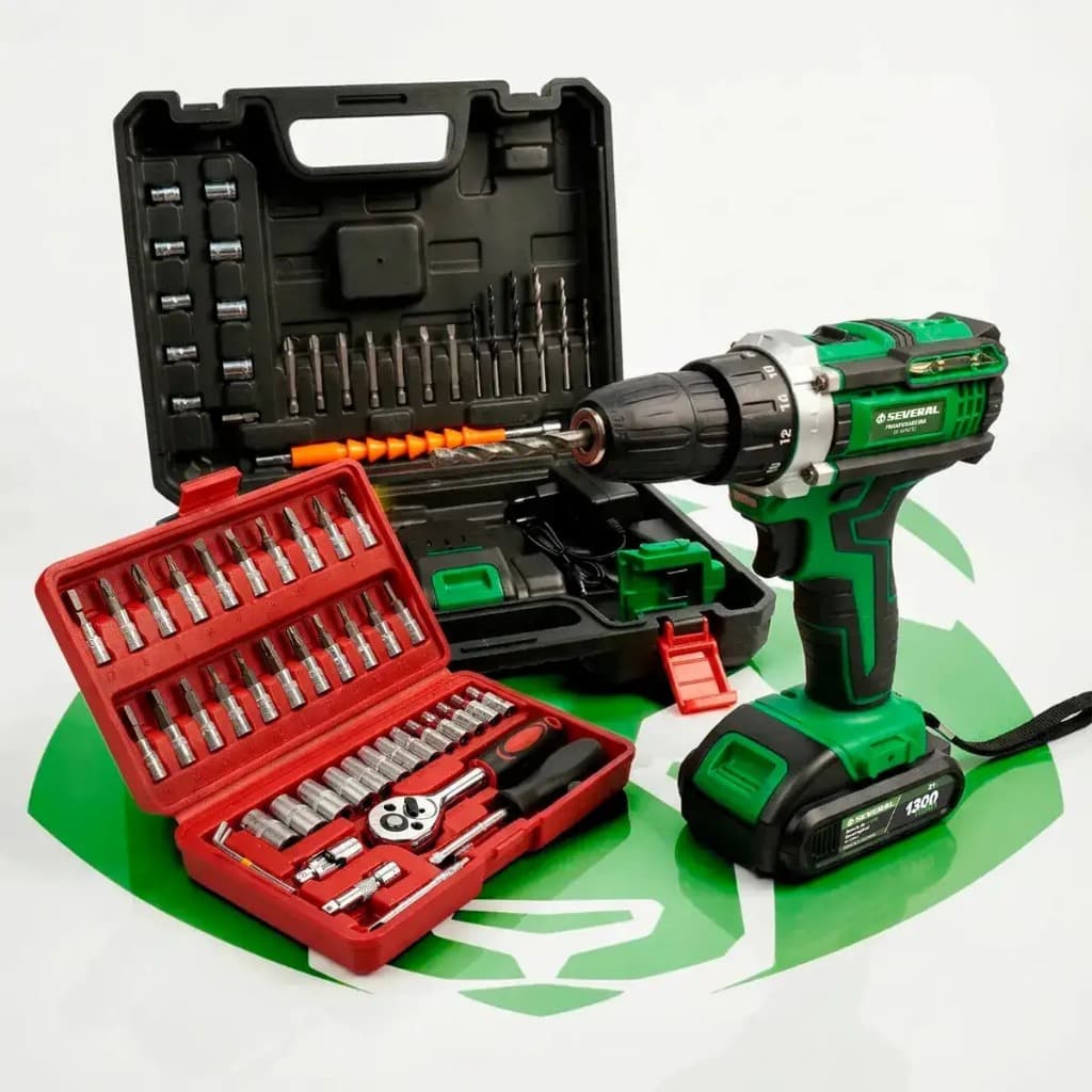 Kit Parafusadeira furadeira profissional 21v + jogo de soquete aço CRV 1/4 Chave Allen Com maleta vermelha Several