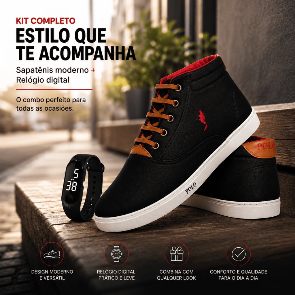 Sapatênis Masculino Casual Cano Alto em Lona Confortável Dia a Dia + Relógio Digital