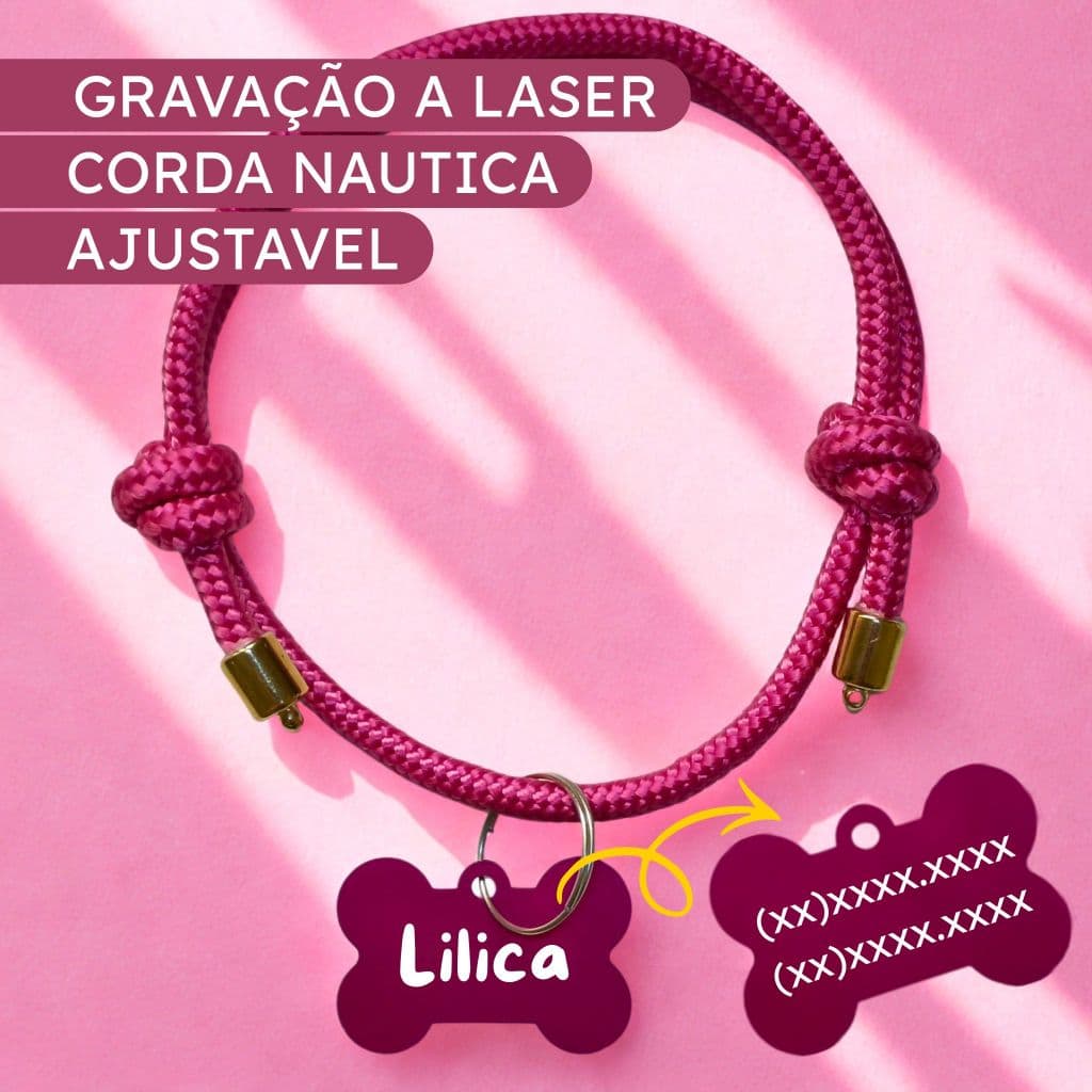 Coleira Para Cachorro e Gato Com Plaquinha de Identificação Personalizada
