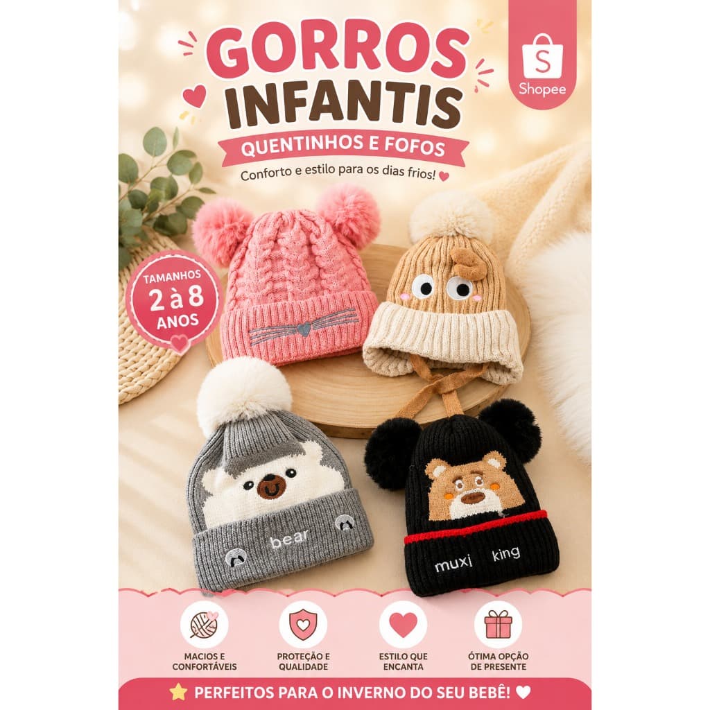 Touca Gorro Infantil Tricô Macio Inverno Menina Menino 2 A 8 Anos