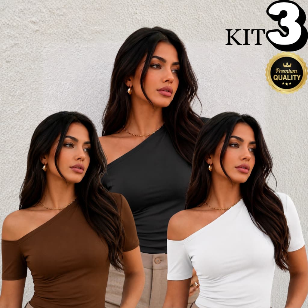 KIT 3 Blusa Feminina Suplex Drapeada  com Manga Curta Assimétrica Ombro a Ombro Verão Elegante Casual