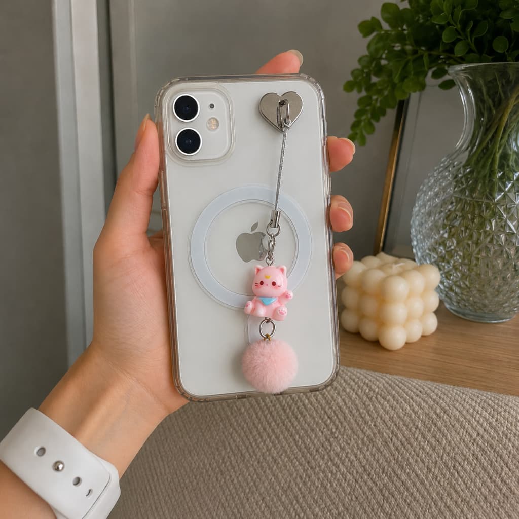 Mini Gatinho fofo com Pompom Pelúcia Rosa | Phone Strap Kawaii