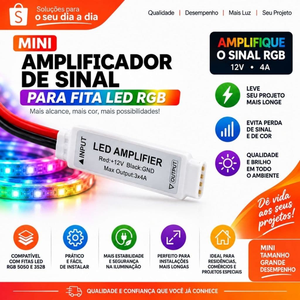 Amplificador de Sinal Fita LED RGB 12V – Potência e Cor Sem Fim!