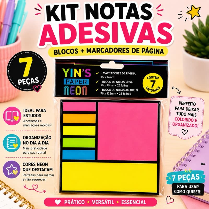 Kit Bloco de Notas Adesivas e Marcadores de Página 7 Peças