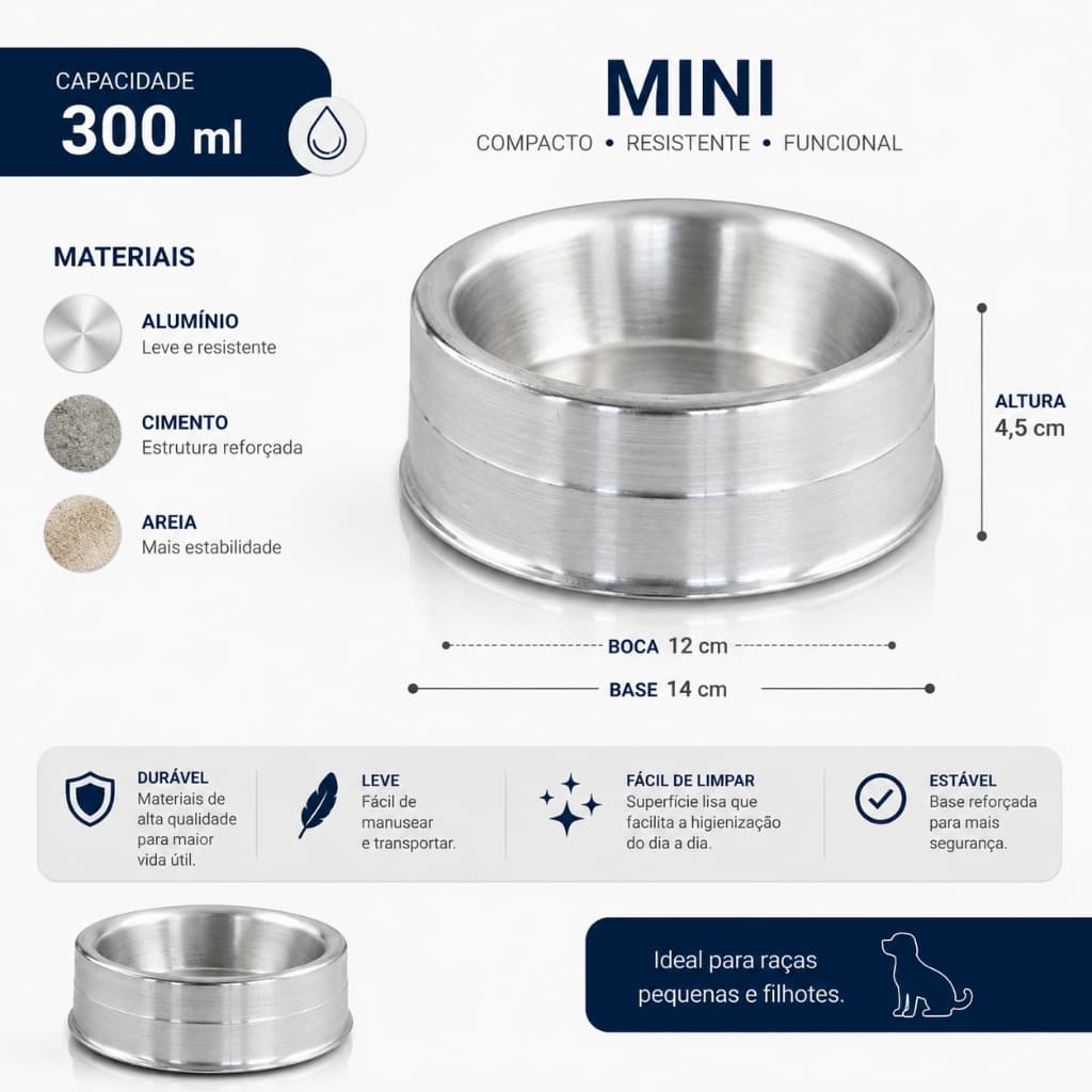 Comedouro para Cães e Gatos em Alumínio Pesado Mini | Pote de Ração e Água Resistente