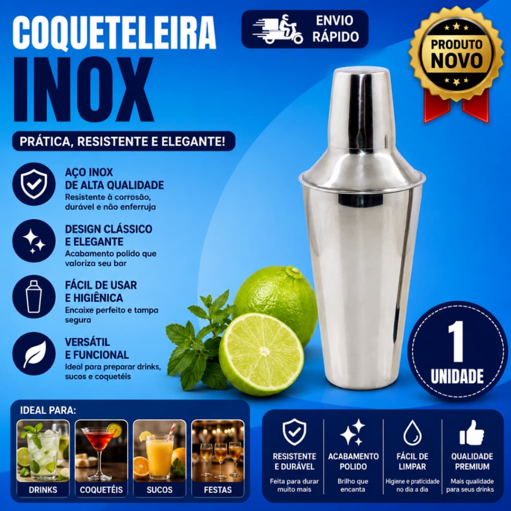 1 Unidade Coqueteleira Premier Wincy Casa em Aço Inox 500 ml Praticidade para Suas Bebidas