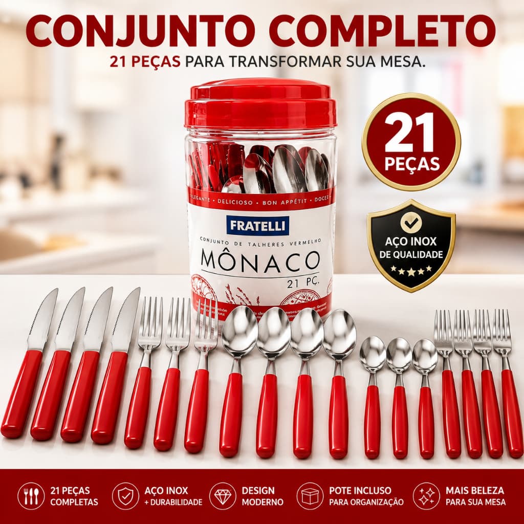 Conjunto Talheres Mônaco Inox Vermelho 21 Pecas Jogo de Talher Completo Jantar Sobremesa Cozinha Kit