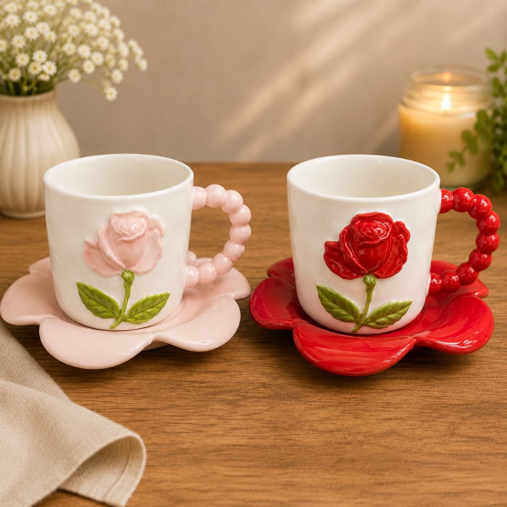 Xícara Porcelana Com Pires Rosa ou Vermelho 300ml | Relevo 3D Café Chá Decoração Mesa Posta
