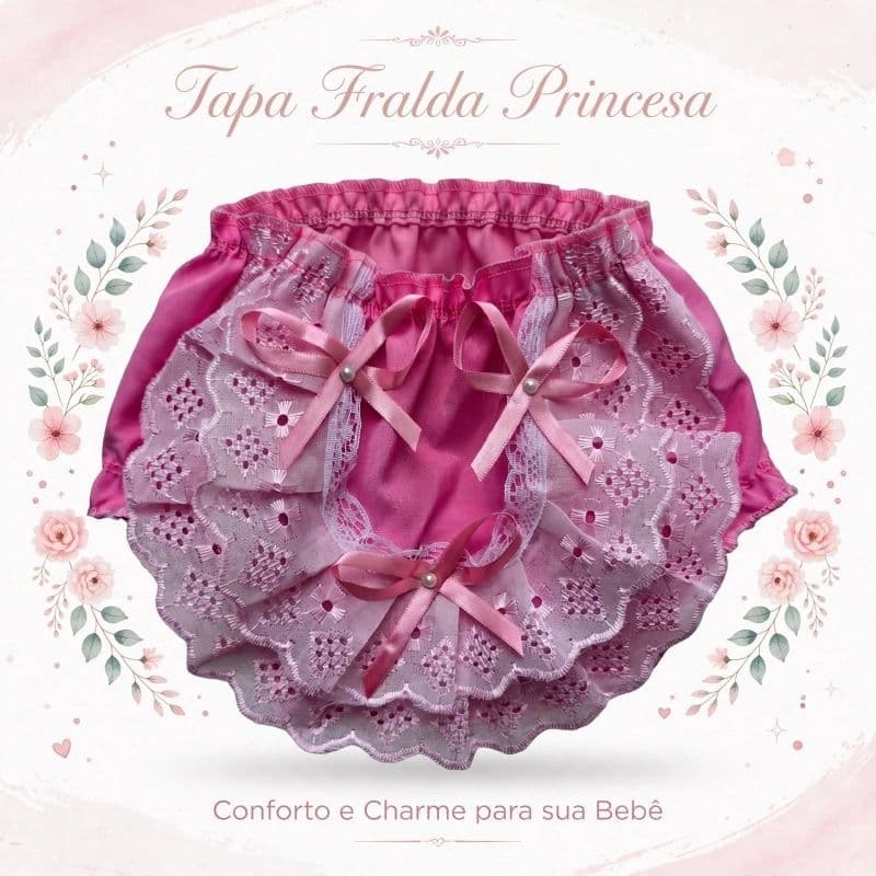 Calcinha Infantil Bunda Rica Frufru Bordado Floral Com Laços e Pérola Sem Forro