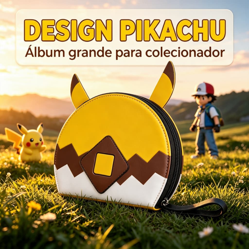 Álbum Pokémon Pikachu 400 Cartas 4 Bolsos Zíper Alça PU Folhas Removíveis Porta Cards TCG Coleção