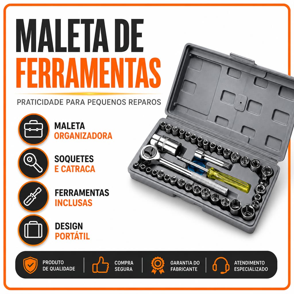 Kit Ferramentas 40 Peças com Maleta Chave Catraca Reversível Jogo de Soquetes Completo Profissional