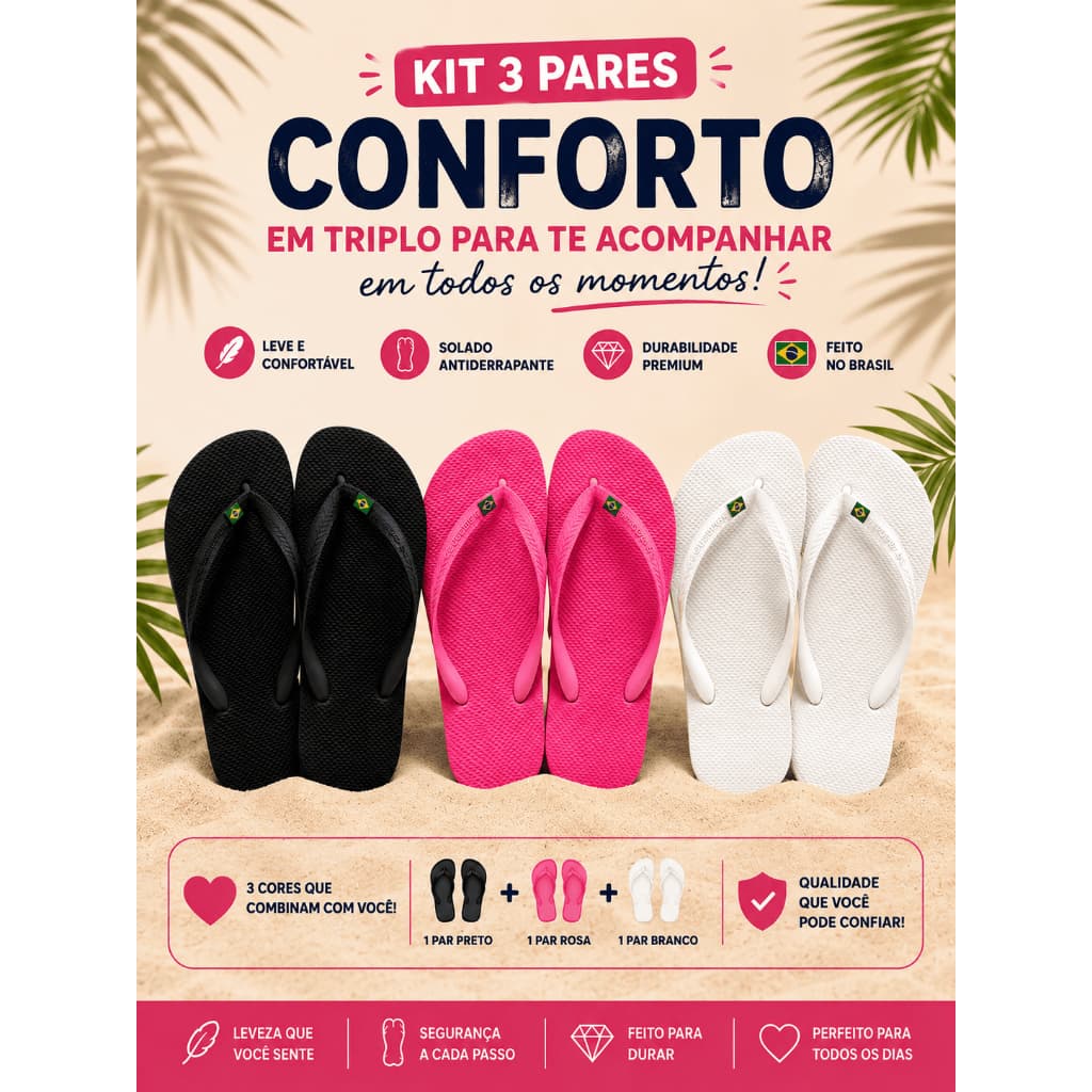 Kit 3 Pares Chinelo Bandeirinha Brasil Conforto Antiderrapante Leve Preto Rosa Branco Resistente