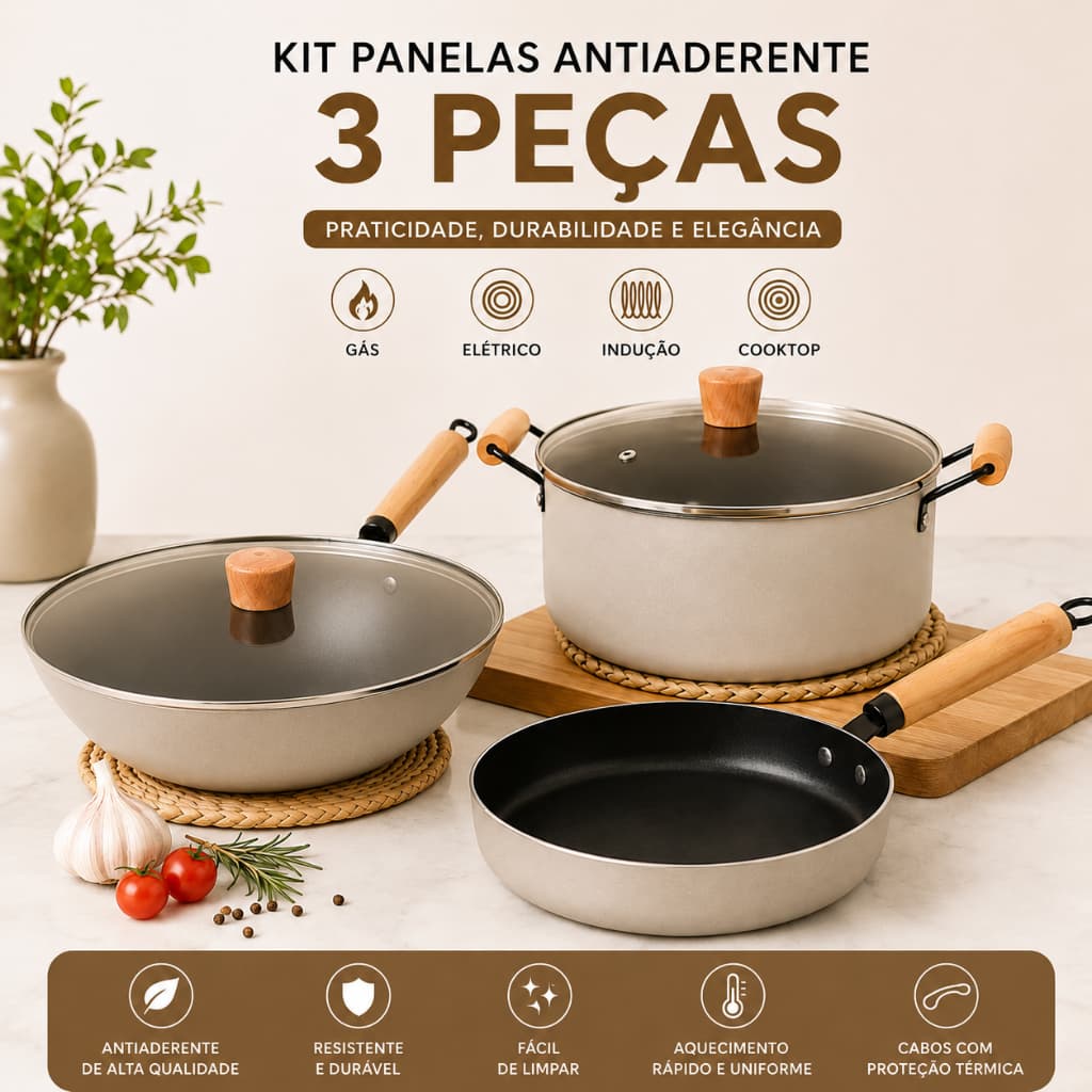 Jogo de Panelas Antiaderentes Estilo Nórdico Wok 30cm + Panela + Frigideira Kit Cozinha