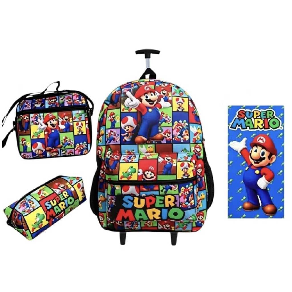 Kit Mochila Rodinha Infantil Juvenil  Boneco Mario -Toalha