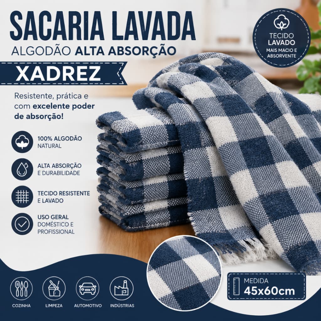 Sacaria Pano de Chão Lavada Xadrez 45x60cm Alta Absorção Reutilizável Limpeza Doméstica Profissional