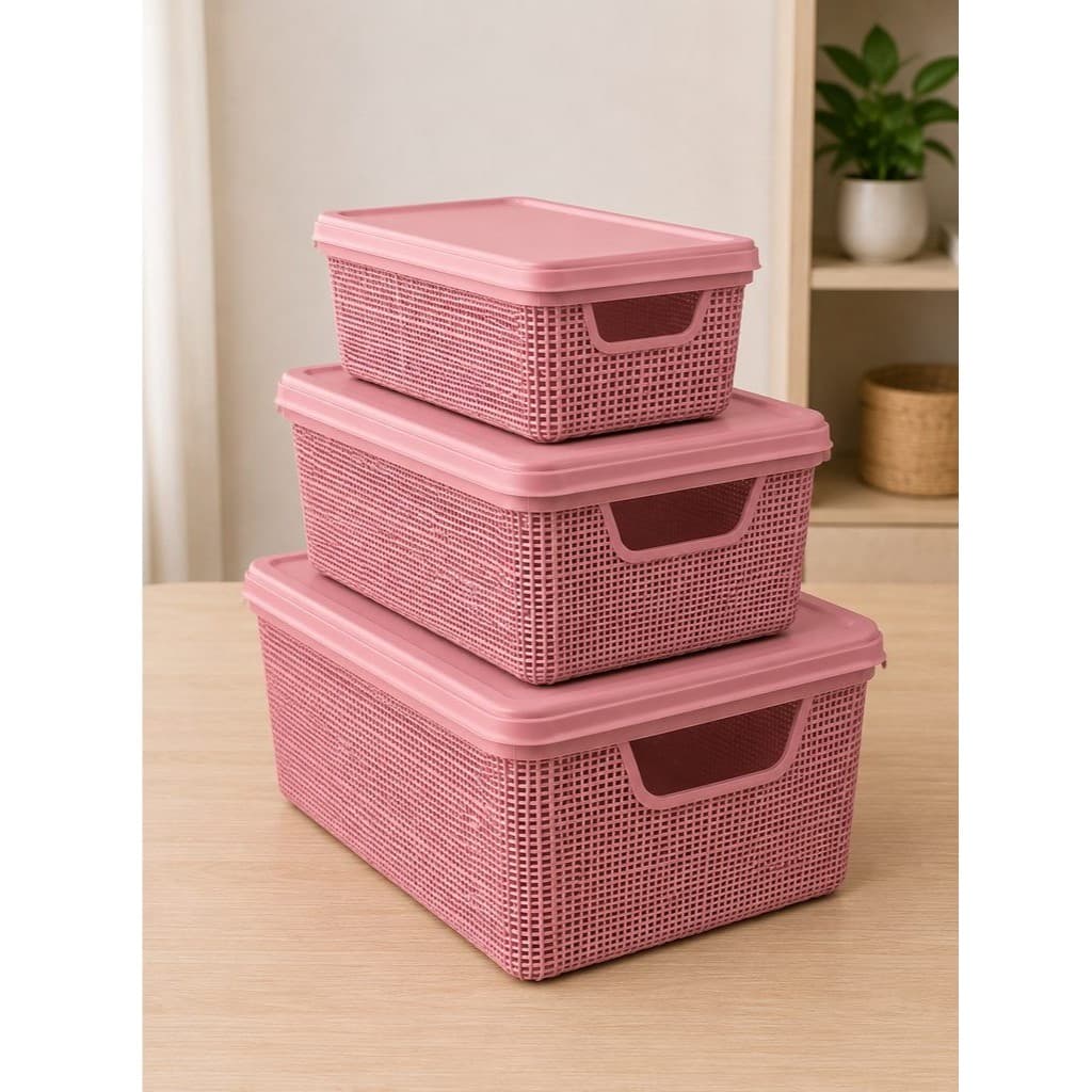 Caixa Organizadora Tampa Multiuso 1,8L, 5L, 15L ou Kit com 3 Plástico Roupa Brinquedo Banheiro Lavanderia Closet Rosa