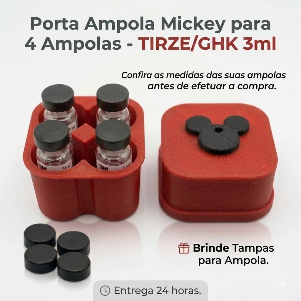 Porta Frasco para Ampola Mickey p/ 4 de 3ml Tirze/GH - Brinde Tampas Pode ir a Geladeira