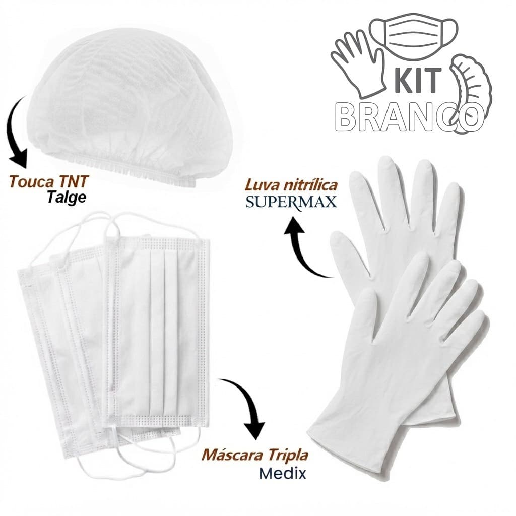 Kit Luva Nitrílica + Touca +  Máscara Branca Descartável ANVISA - BRANCO