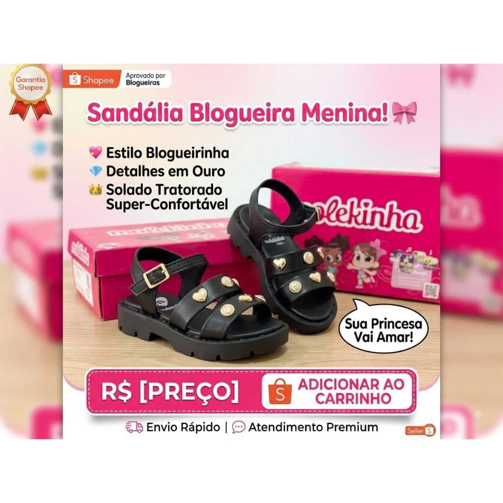 Sandália Menina Infantil Blogueirinha Molekinha Papete Leve Macia Moda Luxo