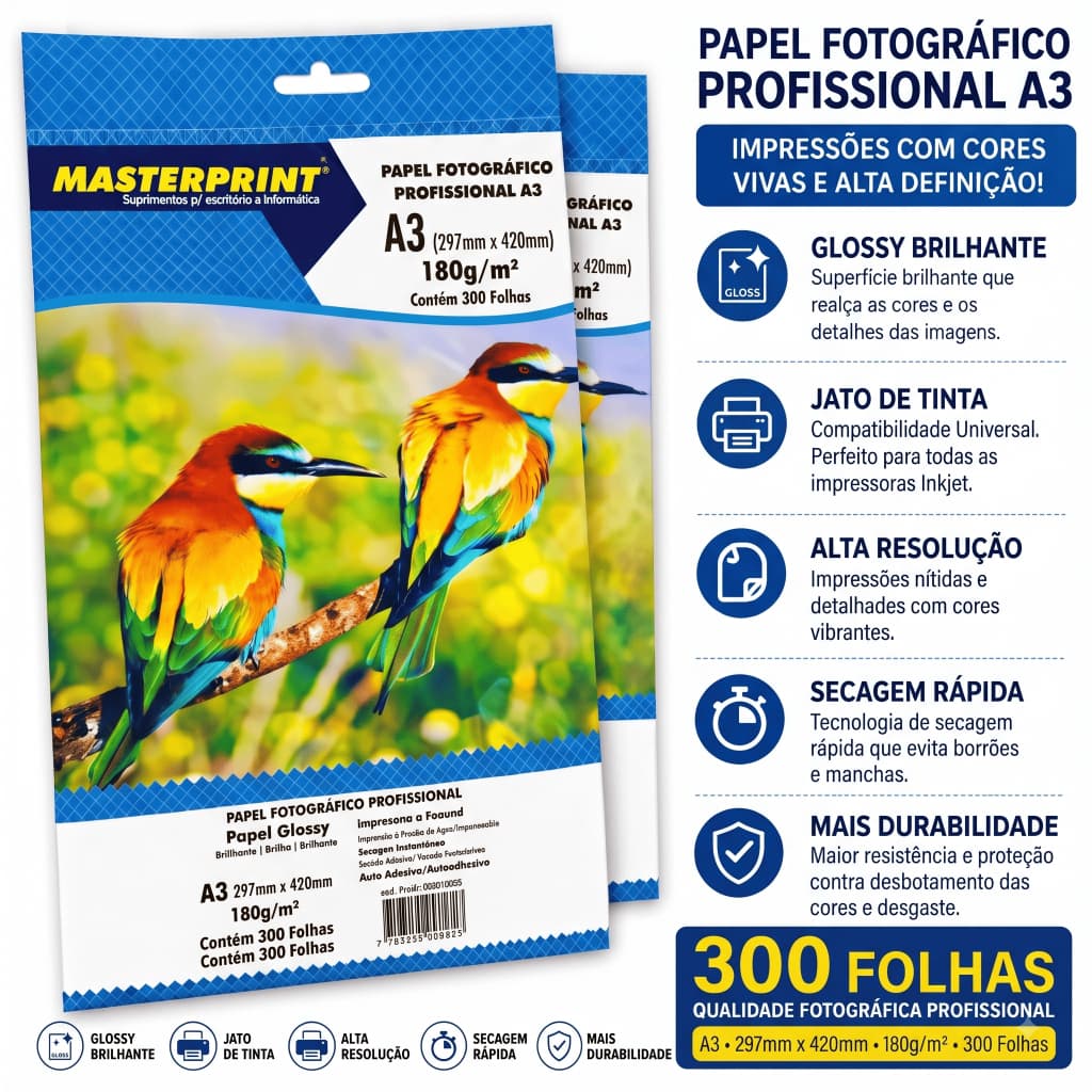 Papel Fotográfico A3 180g 297mm x 420mm 300 Folhas Glossy Brilhante Masterprint Alta Resolução Inkjet