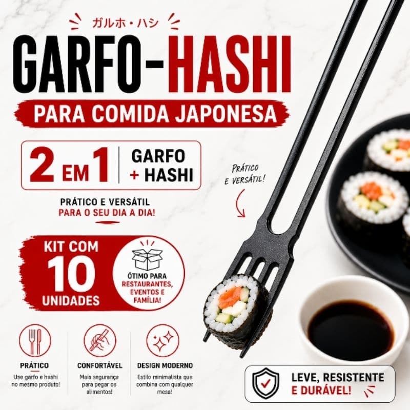 Atacado - Kit com 10 Garfo-Hashi 2 em 1 para Sushi e Comida Japonesa | Talher Japonês Prático Reutilizável Sushi Sashimi